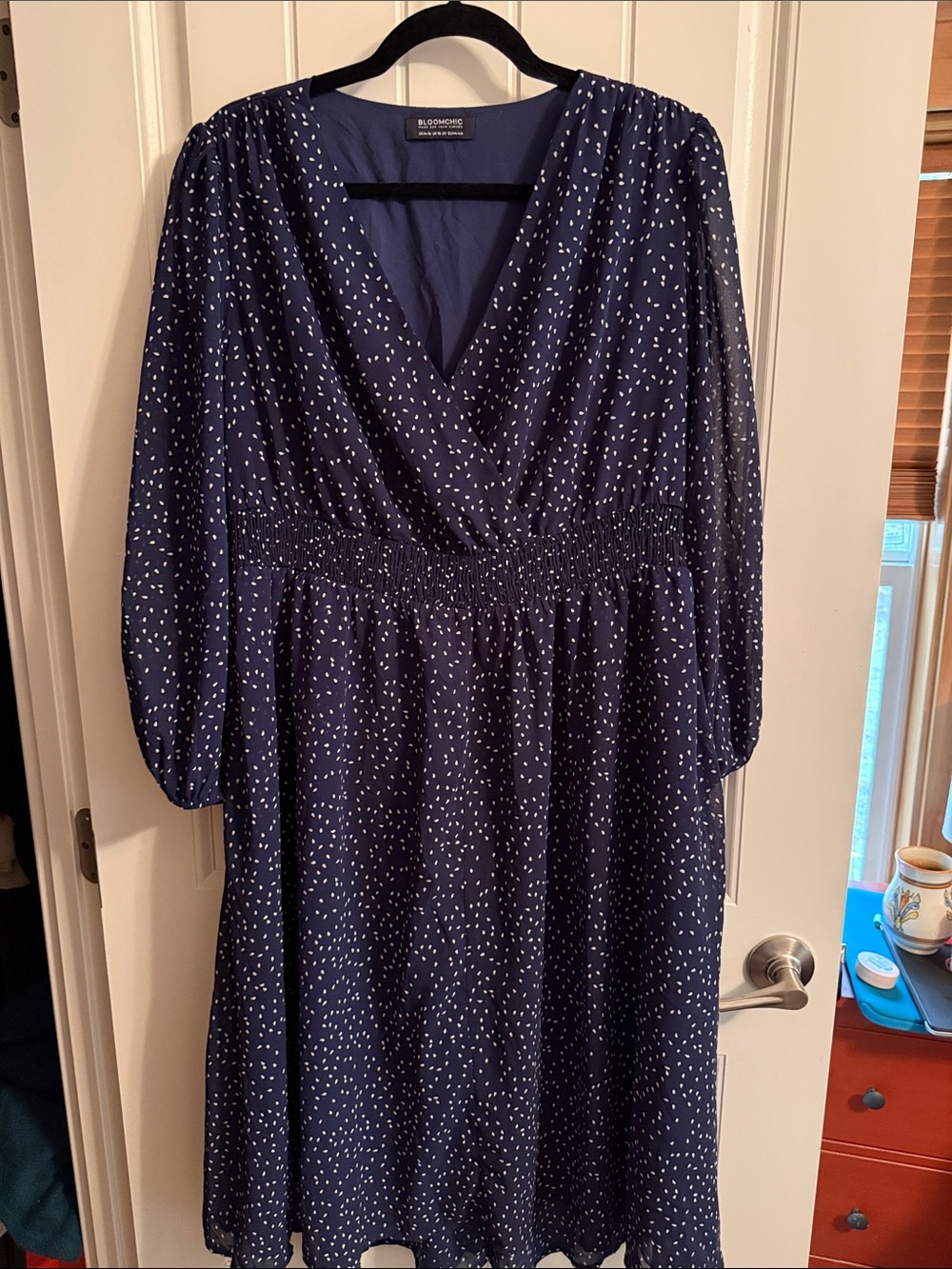 BloomChic Navy V-neck Midi Dress with White Micro Dot Print